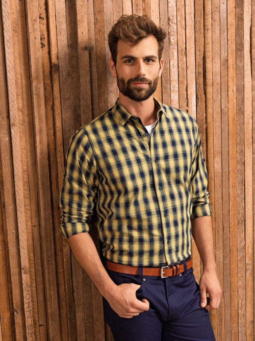 Ανδρικό βαμβακερό καρό πουκάμισο (καμηλό / σκούρο μπλε) PR2501